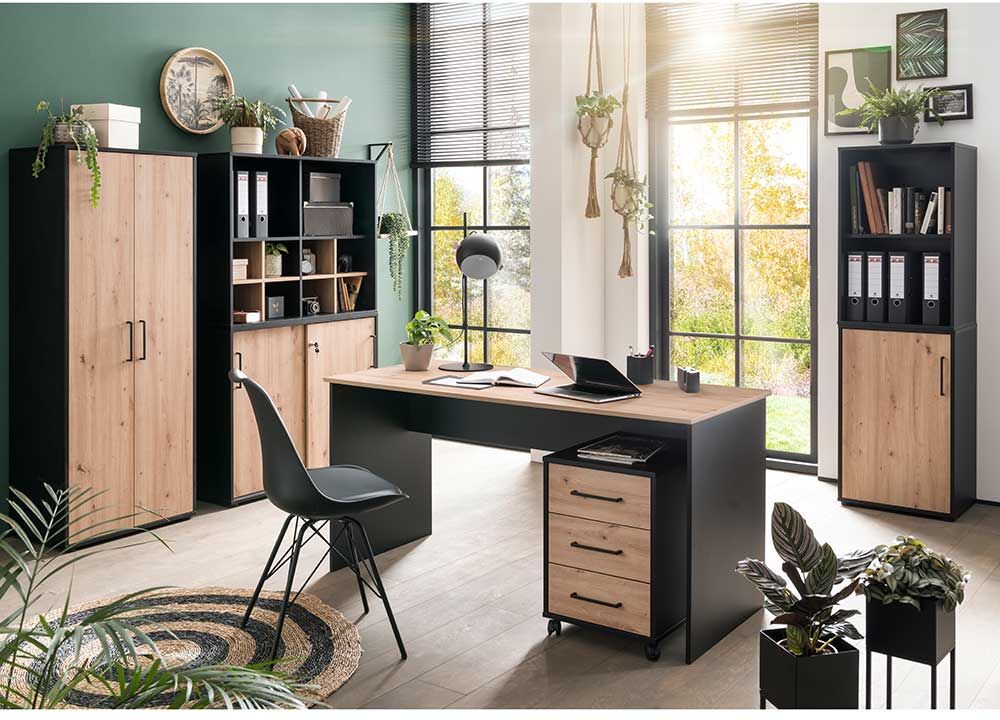 Pharao24.de Büromöbel Set Arbeitszimmermöbel Set in Schwarz und modernem Design (siebenteilig)