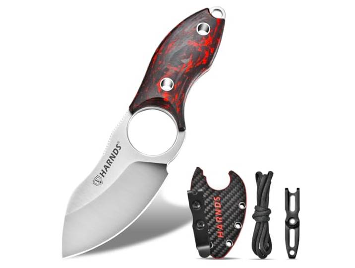 Harnds Feststehendes Messer Klein Neck Knife Full Tang Messer Campingmesser, EDC Messer mit N690 Stahl und Kohlefaser Griff zum Fischen und Häuten, Eggplant