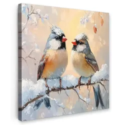 LEINWANDBILD Vögel - Zweig - Winter - Schnee Deko Groß 90x90 cm