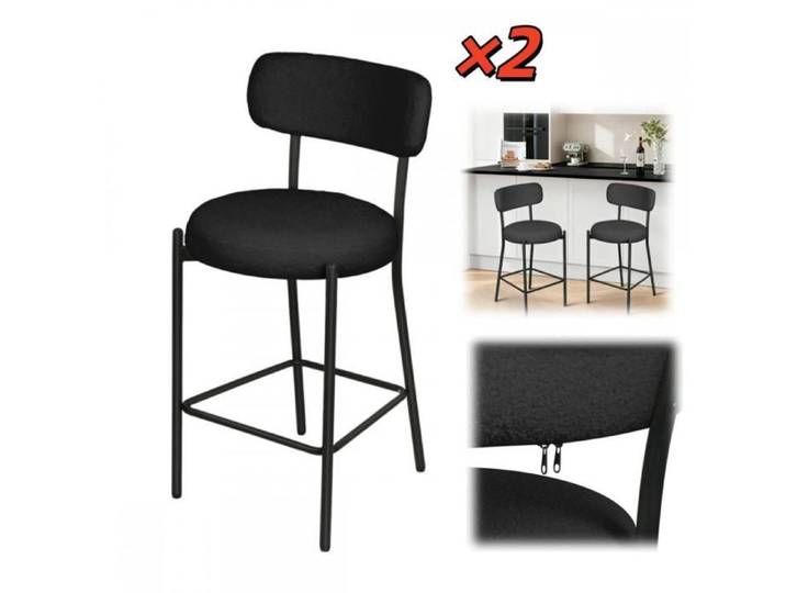 Lot de 2 tabourets de bar avec dossier-MENGDA-Pieds en métal-Pour restaurant chambre à coucher Ilot Central Cuisine-Noir