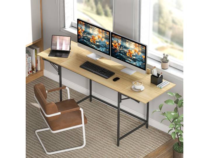 HOMCOM Bureau Pliant 2 Plateaux Extensibles Chêne et Métal Noir