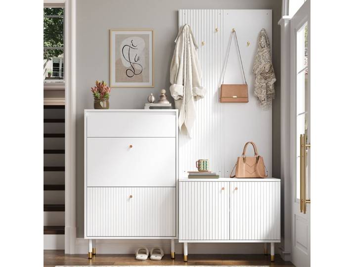 Ensemble combiné de garde-robe D'entrée armoire à chaussures pliante étroite mur de garde-robe monobloc avec crochet en métal