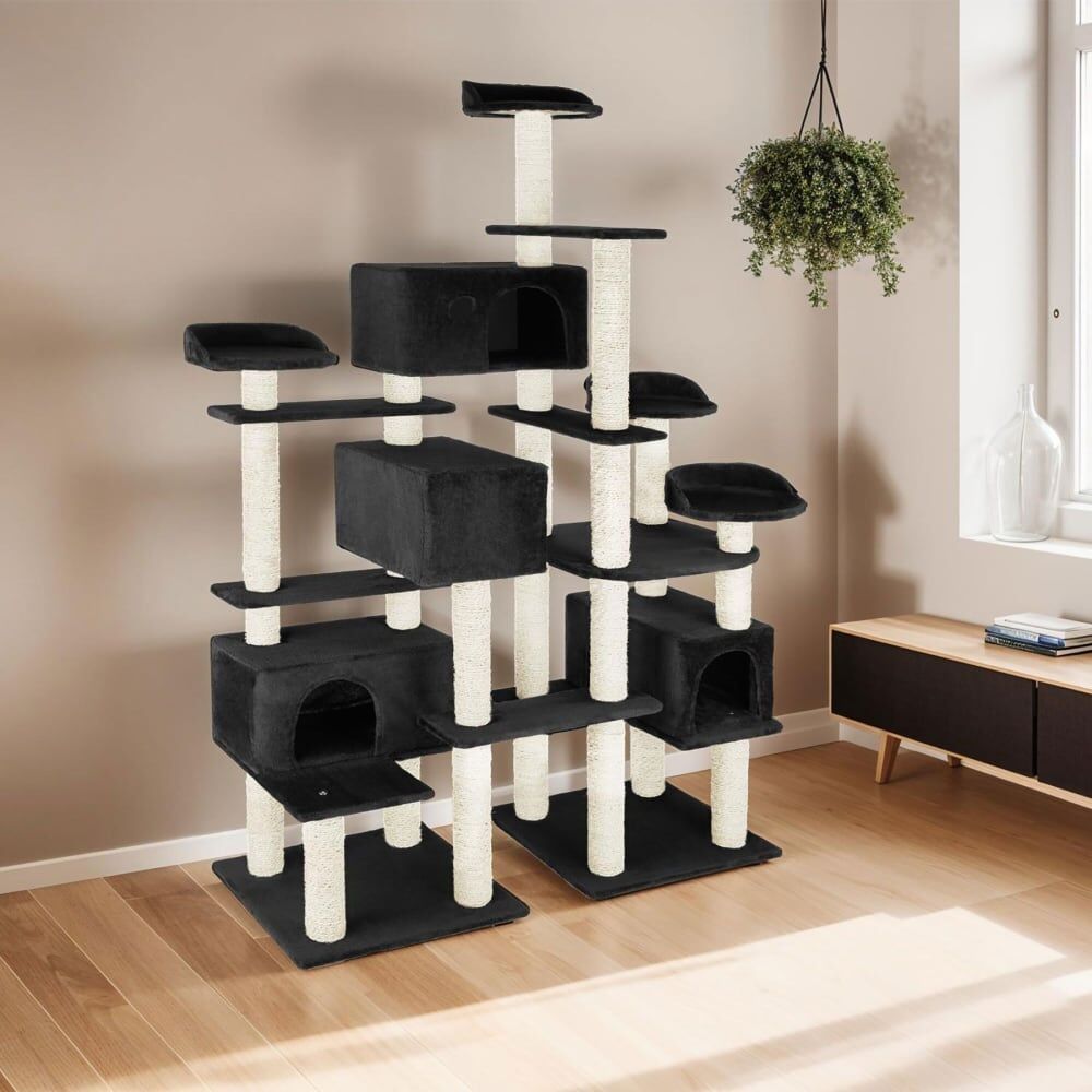 Tectake Arbre à chat griffoir escalade 214 cm avec corde en sisal noir Noir 138x214x60cm