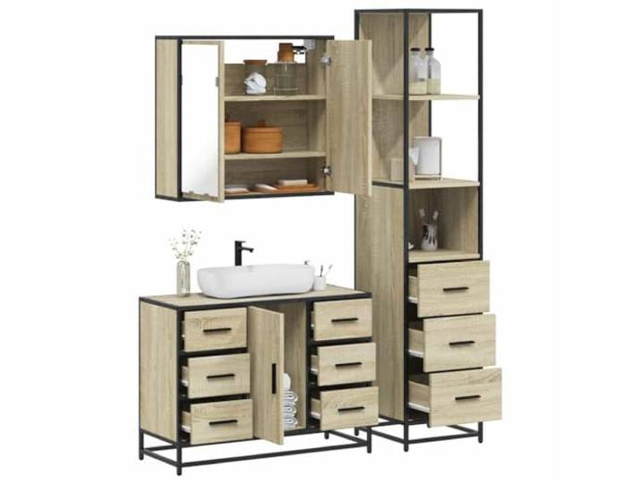 HWKQEQRF 3-TLG. Badmöbel-Set Sonoma-Eiche Holzwerkstoff mit Metallgestell Wandmontage,Spiegelschrank,Waschbeckenunterschrank,Lowboard,Stauraum,Metallgestell,Korrosionsbeständigkeit