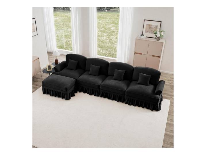 LuxusKollektion Wohnlandschaft Ecksofa Lform 4Sitzer Chenille Holzbeine Schwarz 4-Seat & 1 Ottomane