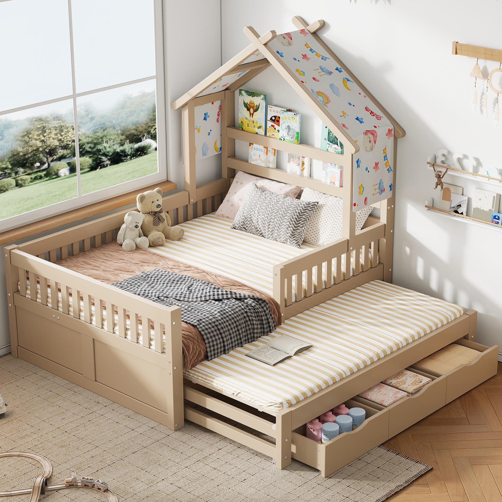 Merax Kinderbett Holzplattformbett 140x200 cm, Hausförmig mit Ausziehbett, 3 Schubladen und Sicherheitsgittern, Flachbett, Jugendbett, Natur