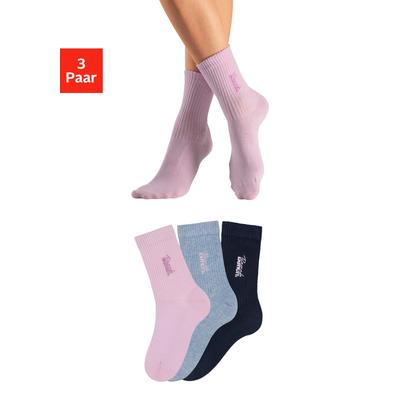 Basicsocken BENCH. "Damensocken hochgeripptes Bündchen", Damen, Gr. 39-42, bunt (1x marine, 1x hellblau, meliert, 1x rosa), Baumwollmischung, uni und melange, elastisch, Socken, mit Bench Logo Stickerei