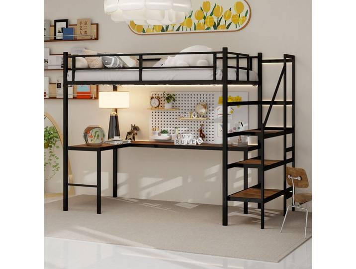 lit adulte mezzanine bureau d angle rangement escalier métal noir 90x190 cm structure fer EVRYAE
