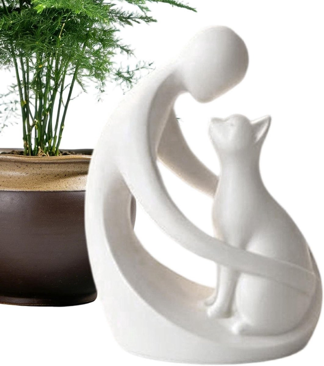 Wit Kattensculptuur Huisdier Beeldje Mens en Kat Decoratie Lengte: 10,5 cm