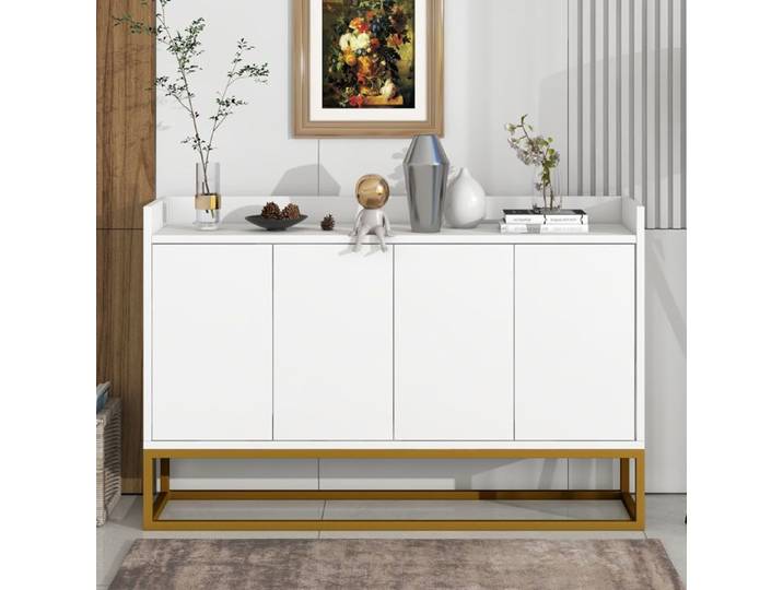 Buffet Salon Moderne avec 4 Portes Meuble d'entree Style Minimaliste Armoire Cuisine Blanc et or 120x30x80cm