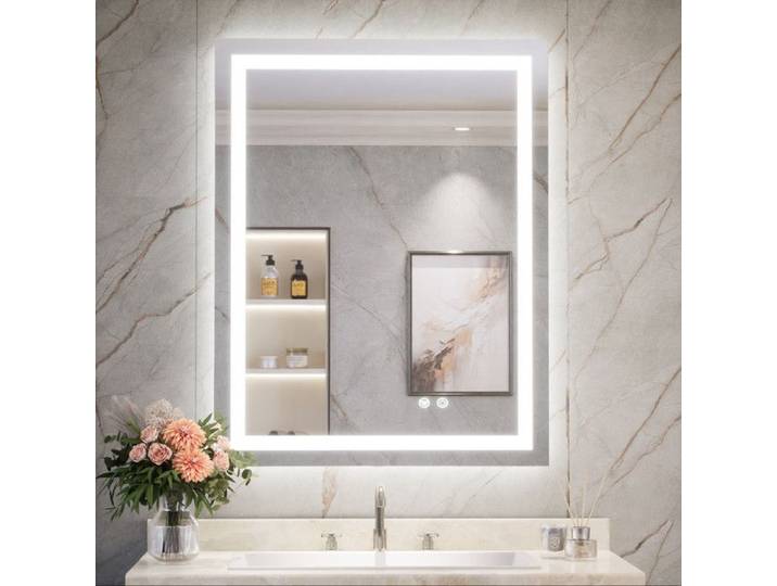 Miroir LED salle de bain 70x90 cm - Keonjinn - Miroir lumineux mural - sans cadre antibuée - Double éclairage - 3 couleurs