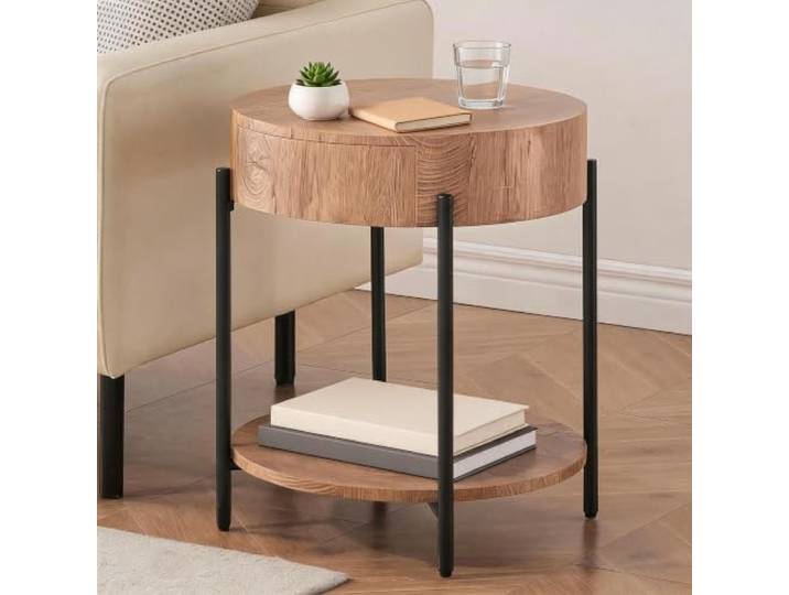Couchtisch Rund 2 Schubladen, Eiche Natur Holzoptik, Industrie-Design Robustes Metallgestell, Pflegeleichte Oberfläche, Bodenschonend, Einfacher Aufbau, Hohe Belastbarkeit