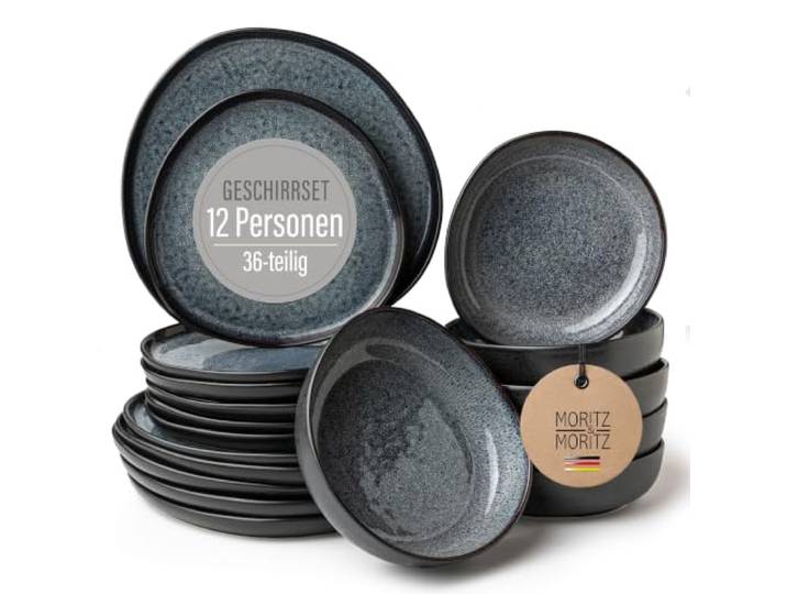 Moritz & Moritz Steingut Geschirrset 12 Personen Grau 36-Teilig - Steingut Teller Set bestehend aus 12x Dinnerteller, 12x Dessertteller, 12x Suppenteller - Serie Organic