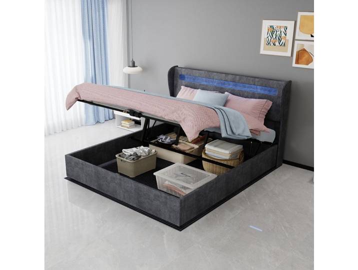 ELVORIN Lit coffre LED gris 160 x 200 cm matelas inclus tissu et métal