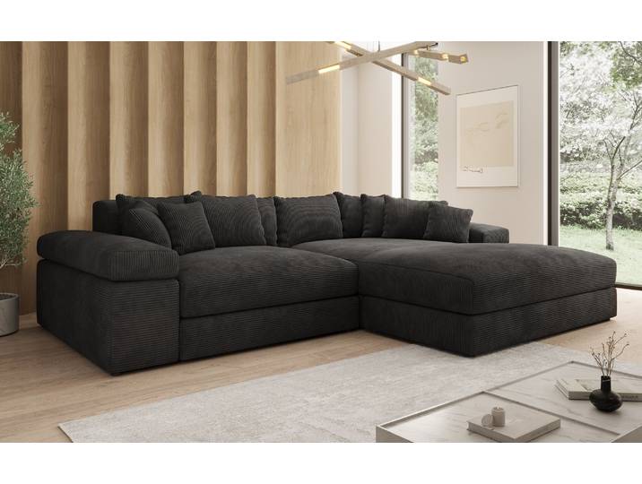 Designer Ecksofa Bernardo mit breiter Ottomane in Cord - Schwarz - Cord - Rechts - Luxusbetten24