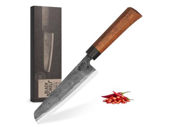 Black Chili Wurst- & Käsemesser mit Eisenholz Griff & 15 cm Carbonstahl Klinge Glatte Klinge ohne Wellenschliff Messer für Salami, Käse & Brotzeit Extrem scharf & handgeschmiedet CAYENNE-15