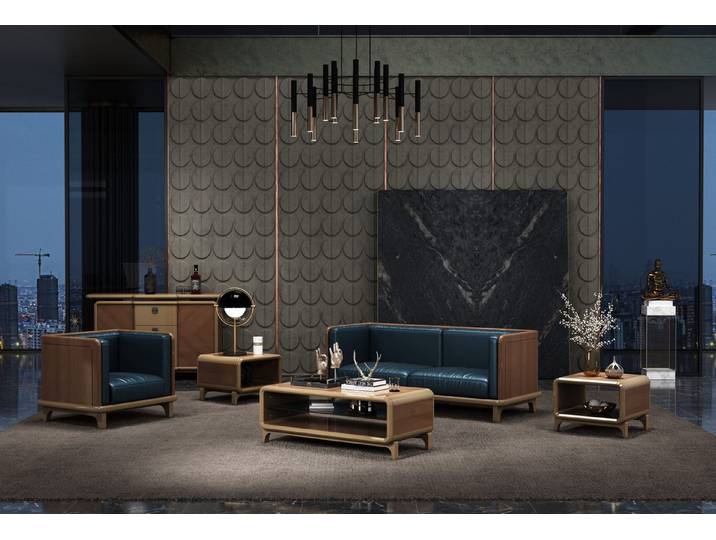 JVmoebel Polstergarnitur Kunstledersofa Dunkelblau mit Holzrahmen und Armlehnen, (2-tlg)
