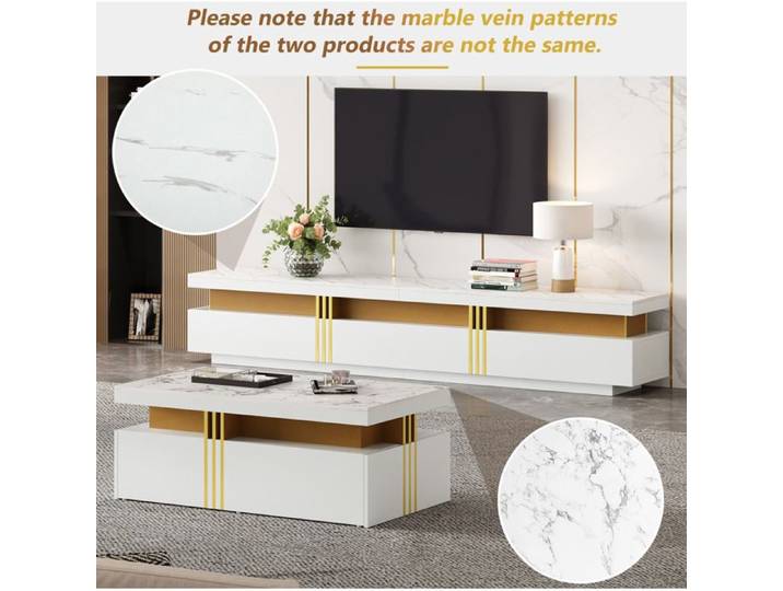 WUVRIE Ensemble meuble TV 200 cm et table basse blanche effet marbre 5 tiroirs détails dorés