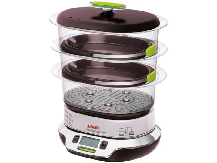 Seb VitaCuisine Compact Steamer, 3 Dampfkörbe, BPA-frei, 2 Kunststoff-Kochschalen, Gläser, Eierhalter, Rezeptbuch, ultrakompakte Aufbewahrung patentiert VS405E00