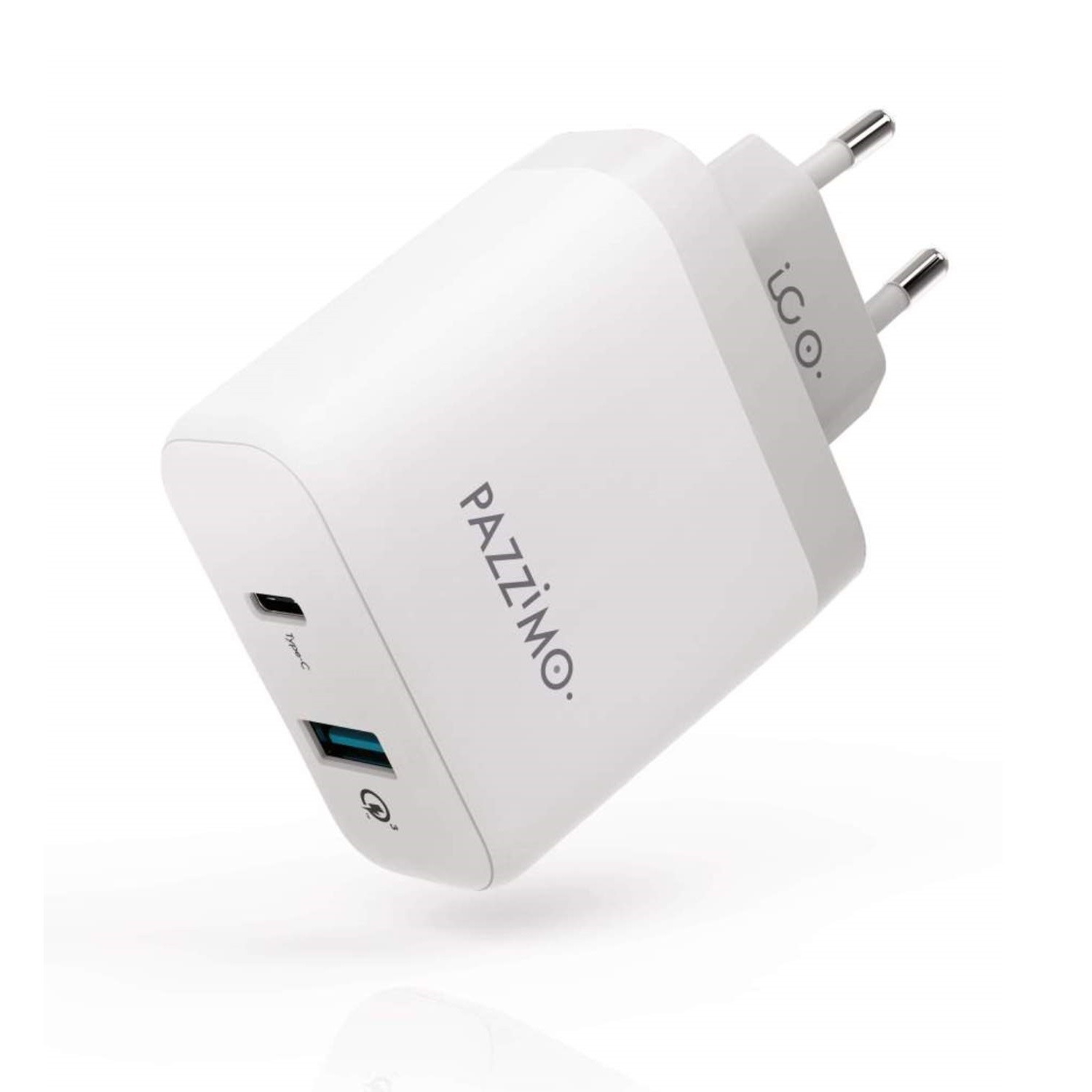 Pazzimo 2-voudige lader met Qualcomm Quick Charge 3.0, USB en USB-C, 6A, wit