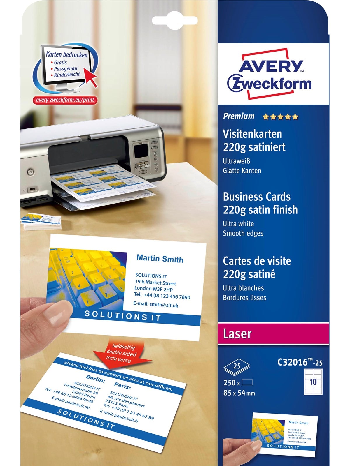 Avery Business cards white satin finish double-sided print 220g Quick & Clean