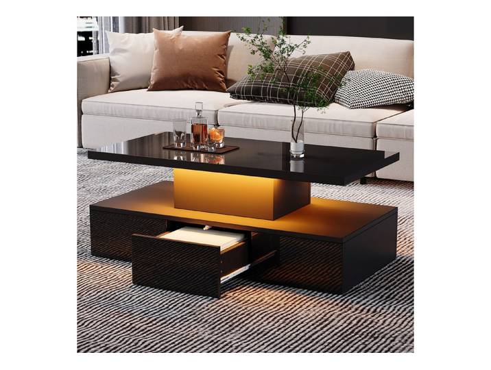 Odikalo Couchtisch Kaffeetisch Teetisch Beistelltisch LED Mitteltisch Schubladen Schwarz