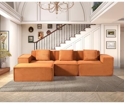 US Pride Furniture "112.1"" L-Shape Sofa, Modular Cloud Couches, Cordury Sectional Sofa for Living Room with Ottoman, No Assembly Required"