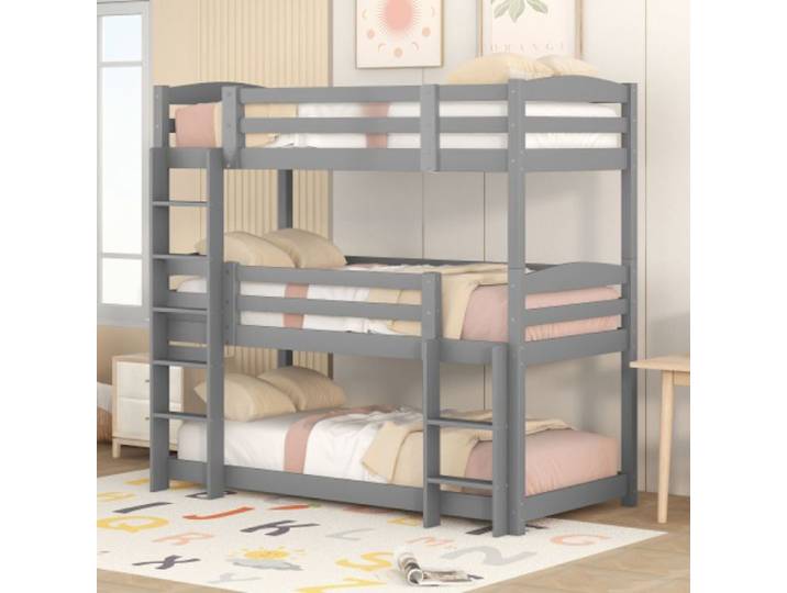 Lit 3 places Lit triple en bois simple 90×200 cm gris pour enfant sans matelas