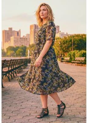 Plus Size Women's Caplet Midi Dress by Avenue in Black Cherry Blossom (Size 20)