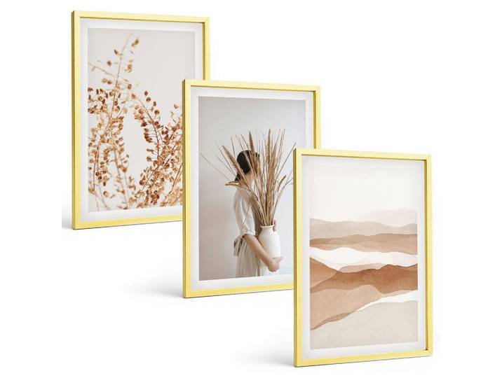 Tulup Bilder SET 3er Set - 40x60 cm Goldrahmen - Rustikale Boho-Blumenmotive, Goldfarben, Kunststoff, Rechteckig, 40x60 cm, gerahmt, Bilder & Rahmen, Bilder