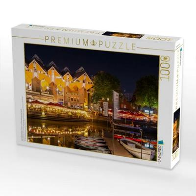 CALVENDO Puzzle ROTTERDAM Alter Hafen und Kubushäuser bei Nacht | 1000 Teile Lege-Größe 64x48cm Foto-Puzzle für glückliche Stunden