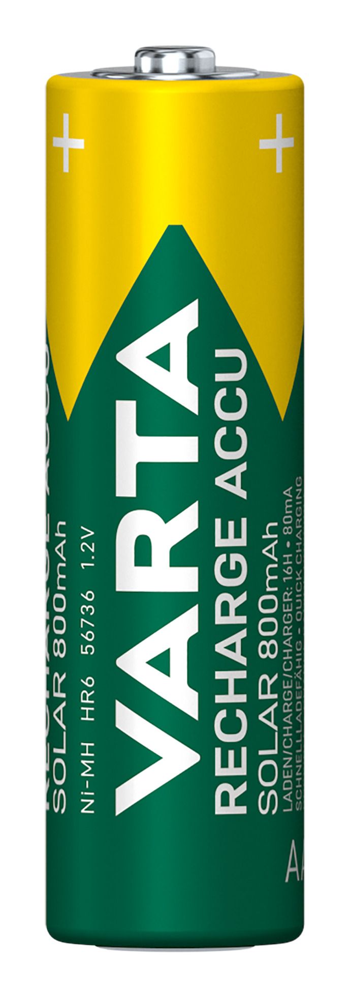 Varta Batterien AA, wiederaufladbar, 2 Stück, Recharge Accu Solar, Akku, 800 mAh Ni-MH, sofort einsatzbereit, für Solar-Gartenleuchten entwickelt 56736 101 402