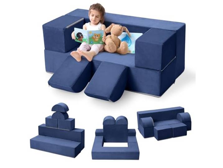 GarveeLife Kinderbett, Schlafsofa, ausziehbar mit 6 Modulen, Futon, faltbar, Möbel für Kinderzimmer, Schlafzimmer, Spielzimmer, Marineblau