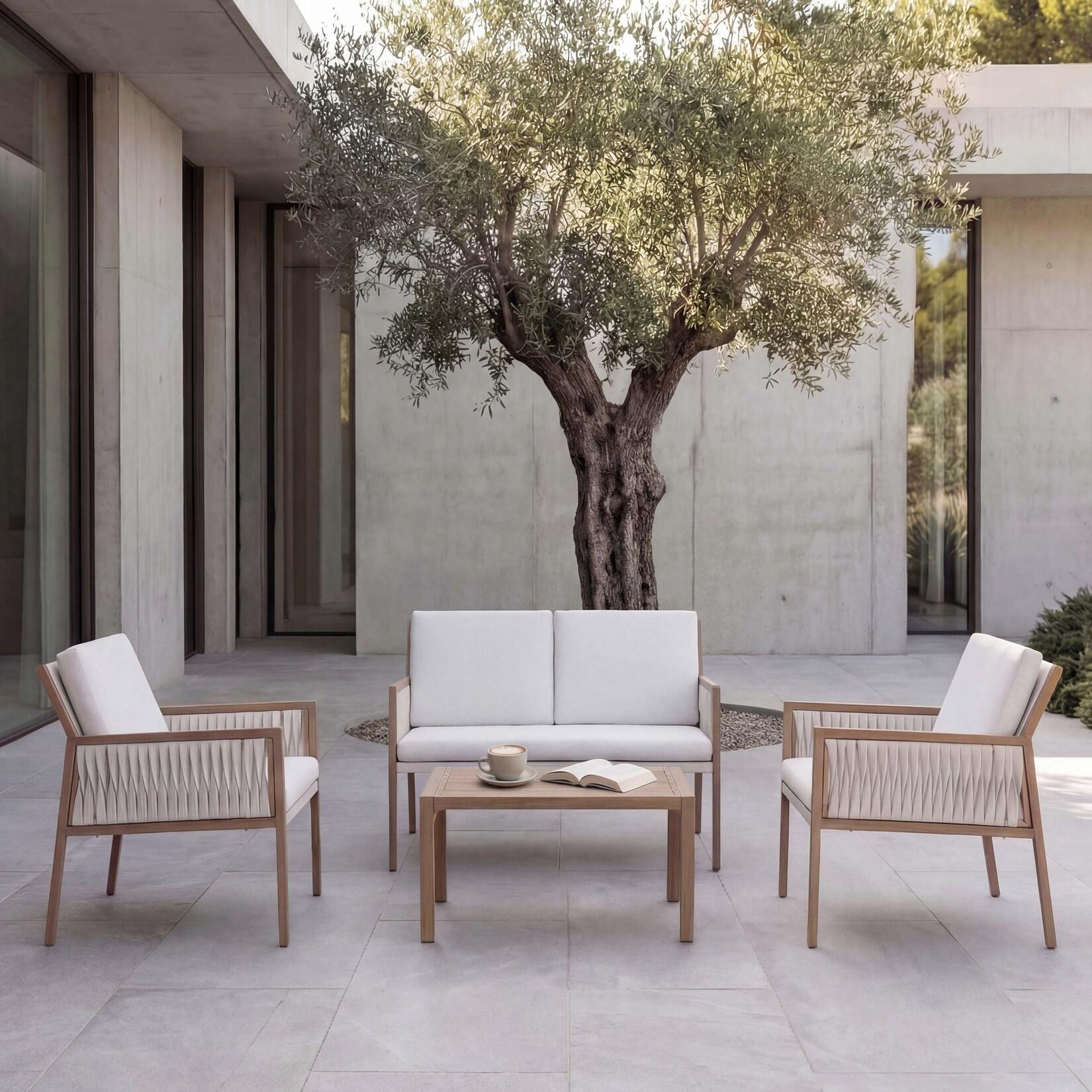 Garten-Garnitur MCW-Q12, Gartenlounge Lounge-Set Sitzgruppe Sofa, Polyrattan Olefin (210 g/m²) ~ weiß
