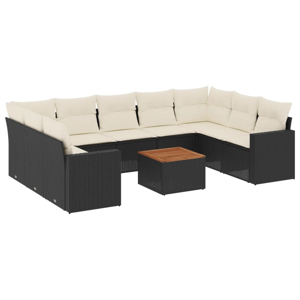 Modulares Gartensofa-Set, 10-teilig, mit abnehmbaren Kissen, Poly Rattan und Akazienholz, UV-beständig, Schwarz, Cremeweiß