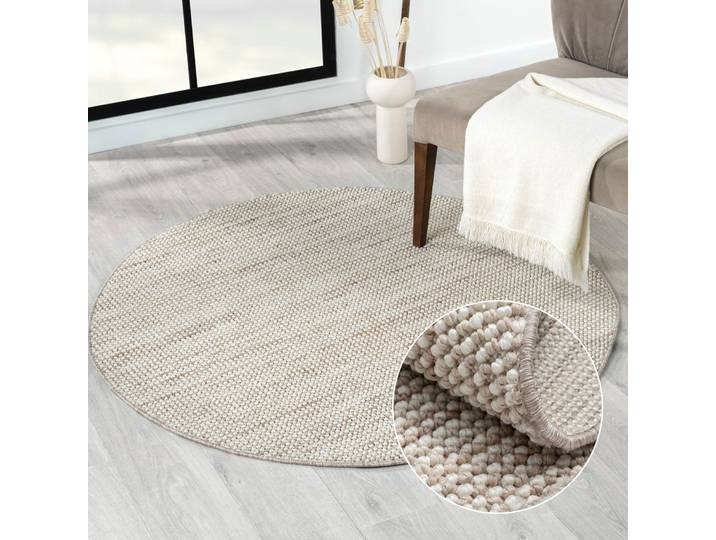 Teppich Ava , beige (beige, weiß), B:120cm H:7mm L:120cm Ø:120cm, Polyester, MYFLAIR MÖBEL & ACCESSOIRES, Teppiche, Teppich, Uni Farben, meliert, Sisal-Optik, auch in rund erhältlich