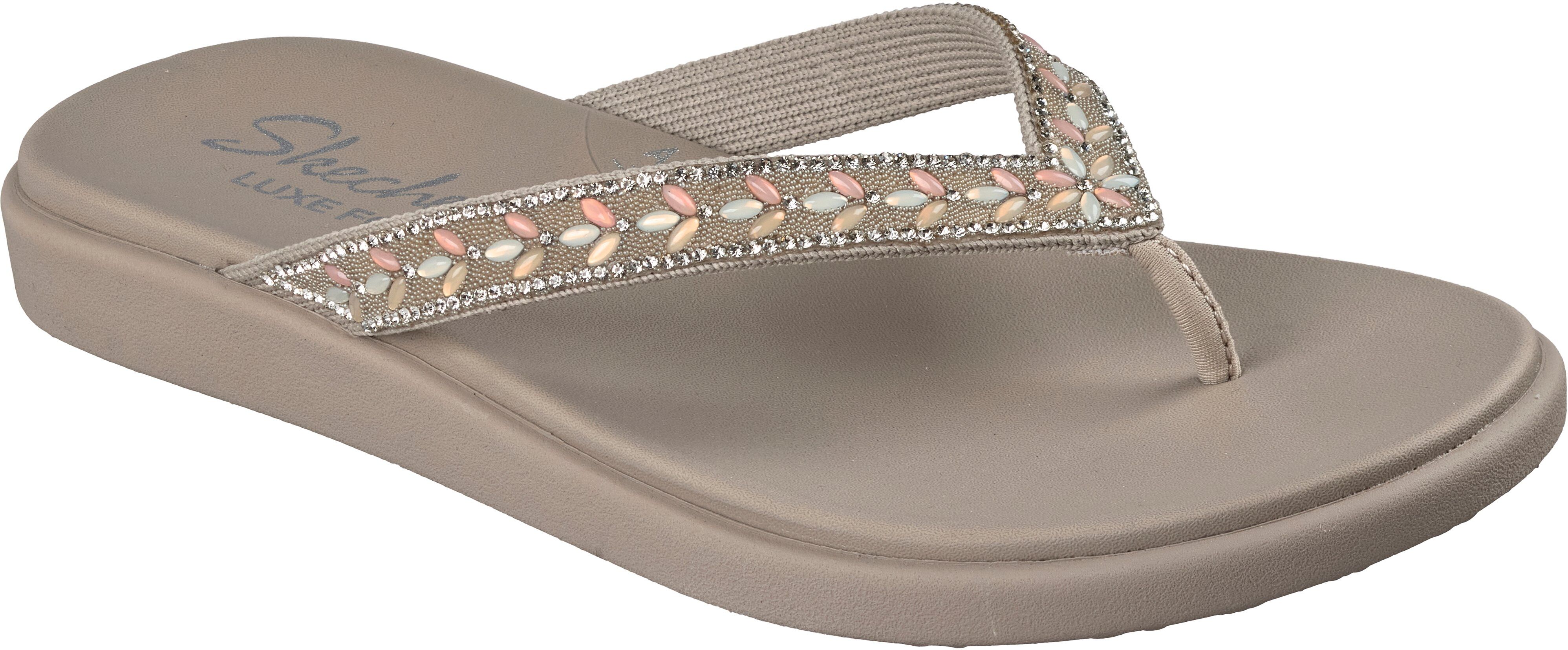 Zehentrenner SKECHERS "MEDITATION LUXE-", Damen, Gr. 35, Textil, beige (taupe, multi), Lederimitat, Glitzer, Schuhe Zehentrenner, Strandschuh, Sommerschuh, Badeschuh mit Glitzersteinchen taupe, multi 35, Textil