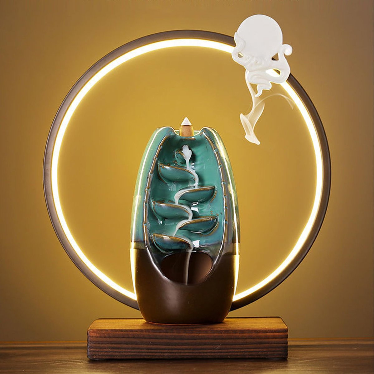 NEU Resonante Waterval Wierookhouder met Wierookbrander en Kussen - Turquoise & Bruin Keramiek