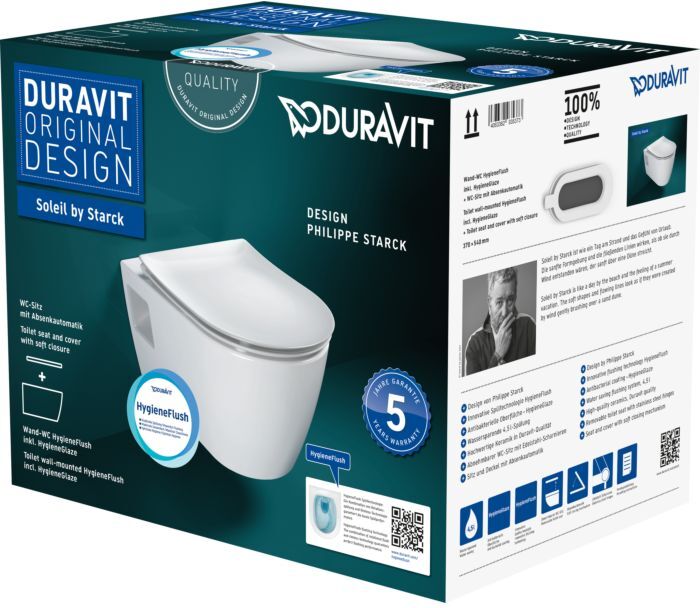 Duravit Soleil by Starck Wand-Tiefspül-WC-Set 45860920A1 mit WC-Sitz, rimless, weiß Hygiene Glaze