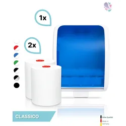 SET: Handtuchrollenspender Autocut, Blanc Cosmos verschied. Farben + 2 Handtuchrollen Classico - PRODUKTSET