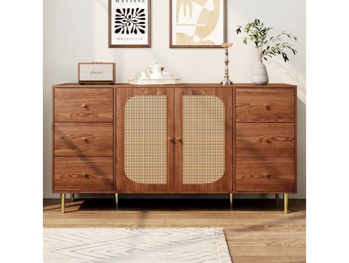 Buffet 160x40x90cm - 2 Portes en Rotin & 6 Tiroirs - Buffet Bas Style Naturel Boho - Grand Rangement - Chêne Naturel