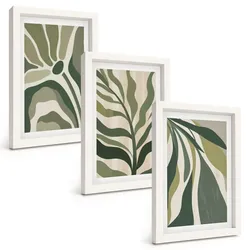 BILDER SET 3er Set - 20x30 cm Weißer Rahmen - Illustrationen gemalter grüner Blätter