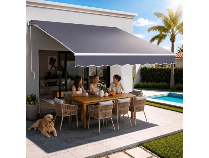 VEVOR Store Banne Manuel 350x300 cm Auvent Rétractable pour Terrasse et Balcon\, Extérieur\, Devantures de Cafés\, de Restaurants\, de Boutiques\, avec Manivelle\, Angle d'Inclinaison 45°-85°\, Gris Foncé