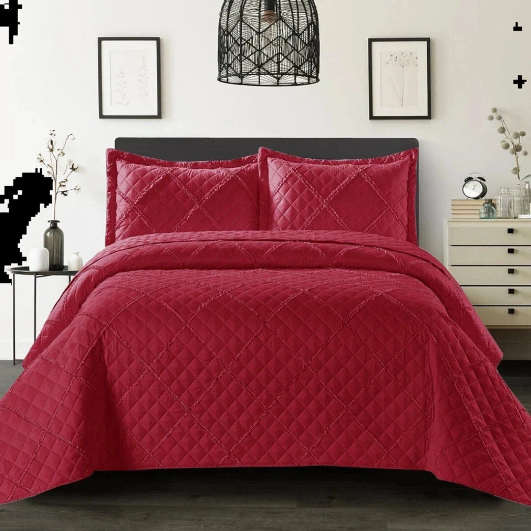 ZASH LONDON Luxury Quilted Modern Ruffle Bedspread Box Pattern Soft Comforter Bedding Set With Pillow Shams Red Double