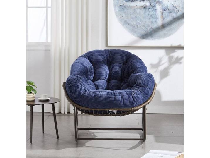 Fauteuil Bascule Rotin Synthétique Bleu Marine Rocking Chair FloraGrace Pour Jardin Salon Coussin Rembourré 106x90x78cm