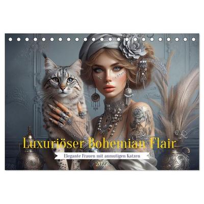 Luxuriöser Bohemian Flair - Elegante Frauen mit anmutigen Katzen (Tischkalender 2027 DIN A5 quer), CALVENDO Monatskalender