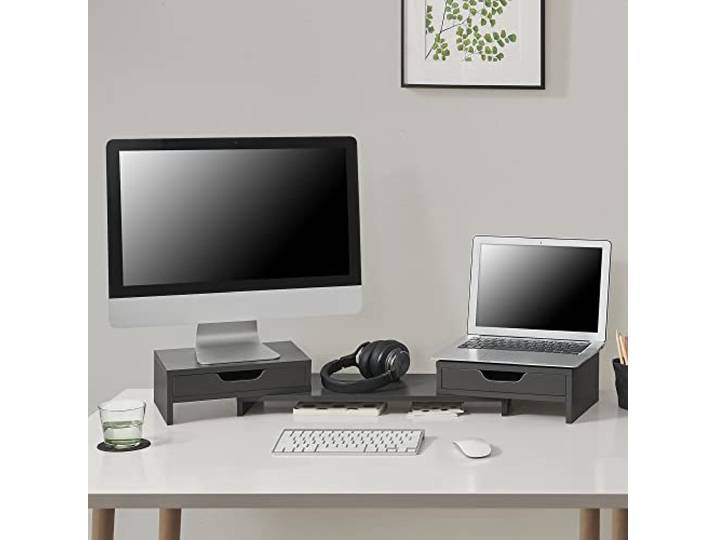[en.casa] Monitorständer Marttila mit 2 Schubladen Monitorerhöhung 60x22x11cm Bildschirmerhöhung für Laptop Computer Notebook Dunkelgrau