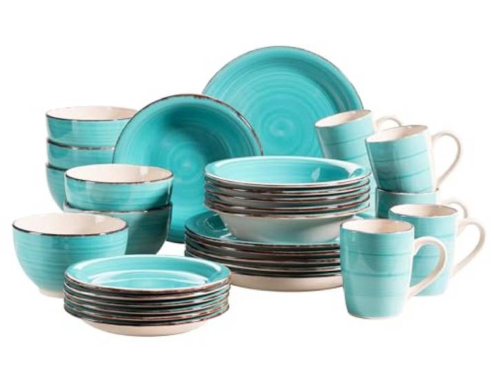 MÄSER 931614 Bel Tempo II 30-teiliges Vintage Geschirr Set für 6 Personen, handbemaltes Keramik Kombiservice in Türkis, Steingut