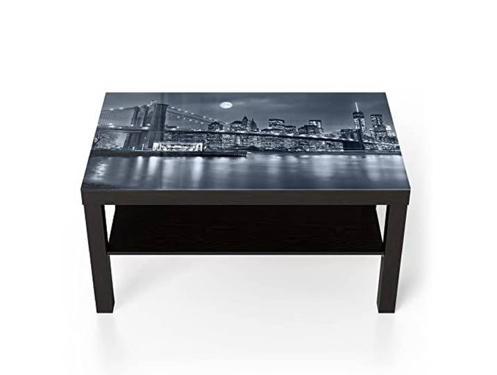 DEQORI Glastisch schwarz groß 90x50 cm Motiv Vollmond über New York ausgefallener Beistelltisch aus Glas Hochglanz Couchtisch fürs Wohnzimmer moderner Couch Tisch mit Design