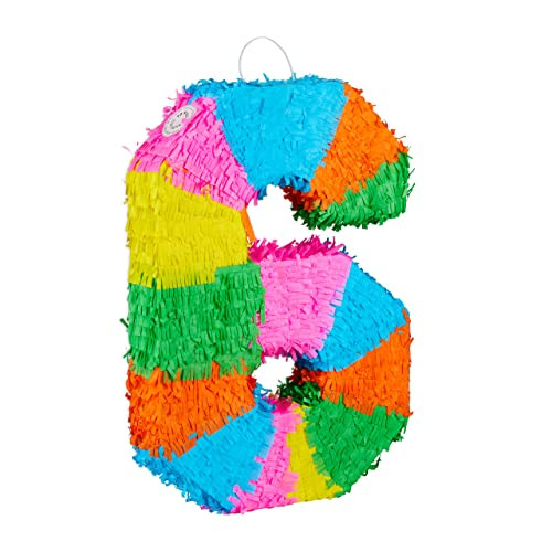 Relaxdays Pinata Verjaardag Cijfer 6, Kleurrijk, Papier